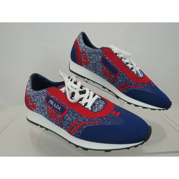 NIB PRADA 2EG272 RED BLUE FABRIC TRAINERS KNIT LOGO LACE UP SNEAKERS 8 US 9 - Picture 8 of 12